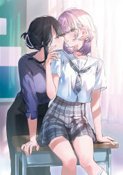 2girls age_difference black_hair black_skirt blue_shirt blush breasts claw_hair_clip collarbone commentary_request desk grey_eyes grey_neckerchief grey_skirt highres hitozuma_kyoushi_ga_oshiego_no_joshikousei_ni_dohamari_suru_hanashi indoors jewelry kneehighs medium_breasts medium_hair multiple_girls neckerchief necklace nekoyashiki_pushio official_art open_mouth pink_hair plaid_clothes plaid_neckerchief plaid_skirt purple_eyes ring sailor_collar school_desk school_uniform second-party_source serafuku shirt short_sleeves sitting skirt socks teacher three-quarter_sleeves wedding_ring white_sailor_collar white_shirt white_socks yuri