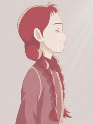 1girl a-king anne_of_green_gables anne_shirley braid braided_twintails closed_eyes closed_mouth collared_shirt cowboy_shot crying freckles highres long_hair long_sleeves low_twintails purple_background red_hair red_shirt shirt short_bangs smile solo standing tears twin_braids twintails