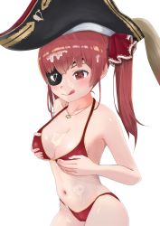 1girl 5% :q bare_shoulders bicorne bikini black_hat blush breast_hold breasts bukkake cleavage cum cum_on_body cum_on_breasts cum_on_upper_body eyepatch facial gold_trim hair_ribbon halterneck hat heart heart-shaped_pupils heart_necklace highres hololive houshou_marine houshou_marine_(summer) jewelry large_breasts long_hair looking_at_viewer navel necklace pirate red_bikini red_eyes red_hair red_ribbon ribbon smile solo string_bikini swimsuit symbol-shaped_pupils thighs tongue tongue_out twintails virtual_youtuber