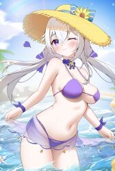 1girl absurdres bare_shoulders bikini blush breasts celestia_(strinova) detached_collar flower grey_hair hat hat_flower hat_ornament highres knosdeba large_breasts looking_at_viewer navel one_eye_closed outdoors purple_bikini sarong smile solo straw_hat strinova swimsuit twintails wading