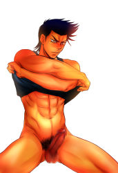 1boy abs ace_of_diamond bara black_hair blush bottomless censored highres male_focus muscular nashi pectorals penis pubic_hair sanada_shunpei short_hair solo testicles undressing yellow_eyes
