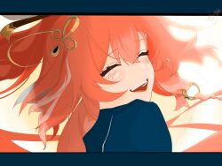 1girl blush braid changli_(wuthering_waves) closed_eyes hair_ornament highres long_hair looking_at_viewer open_mouth red_hair smile solo wanhua wuthering_waves
