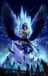 1girl armor armored_boots armpits backlighting bare_shoulders black_skirt black_wings blurry boots breasts building castle center_frills choker collarbone crown depth_of_field feathered_wings female_focus frills goomrrat gwendolyn_(odin_sphere) head_wings holding holding_staff leg_up leg_wings looking_at_viewer low_wings medium_breasts meteor odin_sphere pteruges purple_eyes short_hair silver_hair skirt solo staff standing standing_on_one_leg thigh_boots thighhighs tiara wings zettai_ryouiki