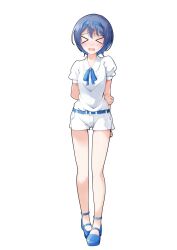 &gt;_&lt; 1girl ankle_strap arms_behind_back bare_legs belt blue_belt blue_hair blue_hairband blue_ribbon blue_shoes blush breasts cevio closed_eyes collarbone commentary_request dairi facing_viewer full_body hairband highres large_variant_set mary_janes neck_ribbon open_mouth puffy_short_sleeves puffy_sleeves ribbon shirt shoes short_hair short_shorts short_sleeves shorts small_breasts solo standing straight-on suzuki_tsudumi sweatdrop tachi-e transparent_background variant_set white_shirt white_shorts