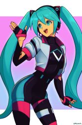 1girl absurdres aqua_hair biker_clothes bikesuit bodysuit cropped_jacket fingerless_gloves gloves hatsune_miku highres long_hair looking_to_the_side official_alternate_costume smgold smile solo sonic_(series) sonic_racing:_crossworlds twintails very_long_hair vocaloid waving