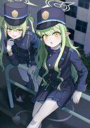 2girls blue_archive blue_hat blue_jacket blue_shorts blue_skirt deca_purio earrings fangs gloves green_hair green_halo halo hat highres hikari_(blue_archive) jacket jewelry multiple_girls nozomi_(blue_archive) open_mouth pantyhose pointy_ears shorts skirt smile twintails white_gloves white_pantyhose yellow_eyes
