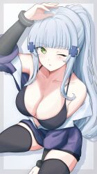 1girl absurdres bikini black_bikini black_thighhighs blunt_bangs breasts cleavage clover_hair_ornament collarbone commentary girls&#039;_frontline girls&#039;_frontline_2:_exilium green_eyes hair_ornament high_ponytail highres hk416_(girls&#039;_frontline) jacket klukai_(girls&#039;_frontline_2) large_breasts long_hair looking_at_viewer off_shoulder one_eye_closed parted_lips ponytail purple_jacket swimsuit thighhighs uchikata_takeaki
