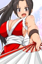 Rule 34 | 1girl, artist request, bare shoulders, breasts, brown eyes, brown hair, cleavage, curvy, fatal fury, female focus, folding fan, hand fan, highres, holding, holding fan, large breasts, looking at viewer, matching hair/eyes, pelvic curtain, ponytail, shiranui mai, snk, solo, the king of fighters