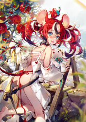 1girl :d alternate_costume animal animal_ear_fluff animal_ears anklet apron ass back bare_shoulders barefoot between_buttocks black_hair blue_bow blue_eyes blush bow butt_crack collar colored_tips commentary day dice_hair_ornament dimples_of_venus fang feet flower food fruit goat hair_between_eyes hair_ornament hakos_baelz hieihirai highres hololive hololive_english jewelry kneeling leaf long_hair looking_at_viewer looking_back median_furrow mouse_(animal) mouse_ears mouse_girl mouse_tail mr._squeaks_(hakos_baelz) multicolored_hair naked_apron open_mouth outdoors plant pomegranate red_hair red_ribbon ribbon shiny_skin shoulder_blades smile soles solo spiked_collar spikes streaked_hair tail tail_bow tail_ornament tree twintails uneven_twintails virtual_youtuber white_bow white_hair
