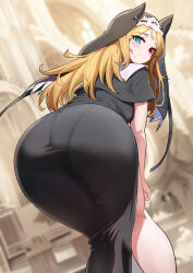 1girl absurdres animal_ears arched_back archetto_(arknights) archetto_(glory_of_the_devout)_(arknights) arknights ass ass_focus black_dress black_veil blonde_hair blue_eyes blurry blurry_background blush church commentary_request dishui_tangni dress from_behind heterochromia highres indoors long_hair looking_at_viewer looking_back nun official_alternate_costume pantylines red_eyes solo veil