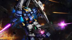 Rule 34 | absurdres, advance of zeta, advanced hazel, battle, beam rifle, copyright notice, debris, energy beam, energy gun, energy sword, explosion, extra arms, firing, gundam, gundam battle operation 2, gundam tr-1 hazel, highres, lens flare, machinery, mecha, mecha focus, mobile suit, nebula, painting (medium), realistic, robot, scan, science fiction, shield, sunrise (company), sword, tenjin hidetaka, thrusters, titans (gundam), titans test team (gundam), traditional media, weapon