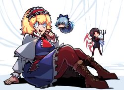 Rule 34 | 3girls, alice margatroid, arm support, ascot, blonde hair, blue dress, blue eyes, boots, brown boots, brown pantyhose, capelet, cirno, dress, frilled ascot, frilled dress, frilled hairband, frills, hairband, houjuu nue, iganashi1, knee boots, lace-up boots, lolita hairband, medium hair, miniskirt, multiple girls, one-hour drawing challenge, pantyhose, red ascot, red hairband, sitting, skirt, touhou, white capelet