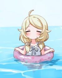 1girl afloat ahoge blonde_hair blush closed_eyes eluthel idolmaster idolmaster_cinderella_girls innertube long_hair ocean one-piece_swimsuit solo swim_ring swimsuit water white_one-piece_swimsuit yusa_kozue