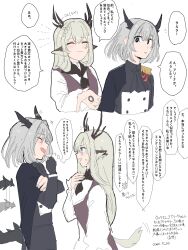 2girls alina_(arknights) animal_ears antlers arknights black_eyes blonde_hair blue_eyes blush deer_antlers deer_ears deer_girl dragon_girl dragon_horns dragon_tail grey_hair hair_between_eyes highres horns jacket kawaii_inu5 long_hair looking_at_another multiple_girls multiple_views shirt short_hair tail talulah_(arknights) translation_request yuri