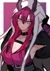 1girl arknights arm_up ascalon_(arknights) black_choker border breasts choker cleavage closed_mouth commentary expressionless hair_between_eyes highres long_hair multicolored_hair nikaidou_tetsuo one-hour_drawing_challenge outside_border pointy_ears purple_border purple_hair purple_shirt red_hair shirt sketch solo teardrop_facial_mark two-tone_hair upper_body white_border yellow_eyes