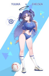 1girl absurdres alternate_costume ball black_halo blue_archive blue_buruma blue_shirt buruma chelsea_fc contrapposto doodle_sensei_(blue_archive) fathertrex front-tie_top full_body halo heart highres long_hair looking_at_viewer mechanical_halo nike_(company) purple_eyes purple_hair sensei_(blue_archive) shirt smile soccer_ball soccer_uniform socks solo spoken_heart sportswear two_side_up white_socks yuuka_(blue_archive)