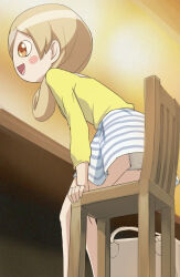 1girl :d bag blush_stickers brown_eyes brown_hair chair haruyama_kazunori long_hair murasaki_wakako open_mouth panties skirt smile solo striped_clothes striped_skirt underwear wakako-zake white_panties