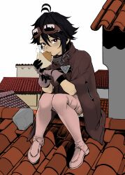 1girl absurdres ahoge steamed_bun black_hair blush boots brown_cloak building cloak colorization colorized dumpling eating eyewear_on_head female_focus food full_body gloves goggles goggles_on_head hair_between_eyes highres holding holding_food looking_at_viewer lulu_(pastime774) on_roof pastime774 red_eyes resized rooftop short_hair sitting solo thigh_boots thighhighs third-party_edit upscaled