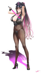 1girl absurdres armpits bare_shoulders bikini black_bikini black_hair black_hat breasts brown_pantyhose closed_mouth covered_navel fate/grand_order fate_(series) full_body hat high_heels highres holding_baton kurozawa_yui large_breasts long_hair looking_at_viewer multicolored_hair necktie pantyhose parted_bangs pink_hair ponytail purple_necktie sessyoin_kiara sessyoin_kiara_(swimsuit_mooncancer) simple_background smile solo standing swimsuit thighs white_background