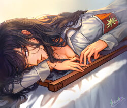 1girl armband artist_name bed_sheet black_eyes black_hair breasts cleavage closed_mouth crutch enneagram highres indoors jacket lapels long_hair long_sleeves looking_at_viewer lying marley_military_uniform medium_breasts messy_hair nose on_bed on_stomach one_eye_closed pieck_finger red_armband shingeki_no_kyojin signature smile solo star_(symbol) sunlight unkempt upper_body white_jacket yaoko_(eyoling)