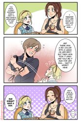Rule 34 | 1boy, 2girls, ?, apple, artist request, blonde hair, capcom, claire redfield, dangerousbride, english text, food, fruit, leash, leon s. kennedy, multiple girls, resident evil, resident evil 2, sherry birkin
