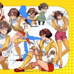 1boy 1girl animification backpack bag beard_stubble blunt_bangs breasts brown_hair closed_mouth commentary denim denim_shorts edoya_inuhachi facial_hair full_body great_dane jacket loafers looking_at_viewer magnifying_glass multiple_views one_eye_closed orange_thighhighs red_suspenders scooby-doo shaggy_rogers shoes short_hair shorts smile stubble thighhighs velma_dinkley