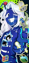 anger_vein artist_name berdly_(deltarune) blue_eyes blue_skin boat c._round colored_skin commentary commission crown deltarune english_commentary glint hat highres holding holding_sword holding_weapon house lancer_(deltarune) long_hair military_vehicle motor_vehicle pirate_hat pointing rouxls_kaard shoopuf sword tank watercraft weapon white_hair