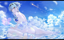 1girl absurdres alternate_costume armlet ass athletic_leotard backless_leotard ballet ballet_slippers bare_back bare_shoulders black_hairband blue_hair blue_sky blush cloud cloudy_sky commentary crossed_bangs day earrings eula_(genshin_impact) flower frilled_skirt frills geez genshin_impact hair_bun hair_flower hair_ornament hairband highres jewelry leotard light_blue_hair looking_at_viewer multicolored_eyes outdoors outstretched_leg pantyhose parted_lips purple_eyes reflective_floor short_hair sidelocks sitting skirt sky solo sweat two-tone_eyes white_pantyhose yellow_eyes