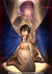 2boys armlet black_hair bracelet cape commentary_request curtain_grab curtains hair_between_eyes highres indoors jewelry karasumori_daikoku kneeling koori_(superumaice) long_hair looking_at_viewer male_focus multiple_boys necklace official_art purple_hair red_eyes renjakuno_hatsumi world_dai_star