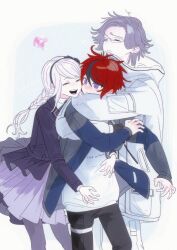 1girl 2boys aotsuki_eito black_hair black_pants blue_eyes blue_jacket blush braid braided_ponytail closed_eyes closed_mouth glasses grey_hair grey_jacket hair_between_eyes hoodie hug jacket kirifuji_nozomi long_hair messy_hair multicolored_eyes multicolored_hair multicolored_jacket multiple_boys open_mouth pants pantyhose parted_hair pleated_skirt purple_jacket purple_pantyhose purple_skirt red_eyes red_hair simple_background skirt standing streaked_hair sumino_takumi teeth the_hundred_line_-last_defense_academy- upper_teeth_only white_background white_hair white_hoodie white_jacket