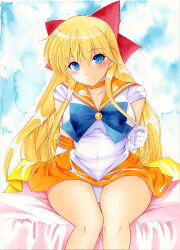 Rule 34 | aino minako, bed, bishoujo senshi sailor moon, blonde hair, blue eyes, bow, breasts, gloves, large breasts, leotard, leotard peek, long hair, looking at viewer, magical girl, miniskirt, nightmare77zx, red bow, sailor venus, sitting, skirt, very long hair, wide hips