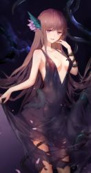 1girl black_dress breasts brown_hair cleavage clothes_lift collarbone dark_persona dress dress_lift female_focus hair_ornament hand_to_own_mouth highres long_hair low-cut naughty_face open_mouth purple_eyes sidelocks skirt_hold small_breasts smile solo swd3e2 sweatdrop tentacles tentacles_under_clothes tiruka torn_clothes torn_dress venus_blood venus_blood:_frontier very_long_hair