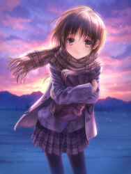 Rule 34 | 1girl, bag, blush, brown eyes, brown hair, cloud, cloudy sky, commentary request, dusk, goto p, highres, jacket, mountainous horizon, original, outdoors, plaid clothes, plaid skirt, scarf, school bag, school uniform, short hair, skirt, sky, smile, snow, solo, tareme, twilight, winter, winter uniform