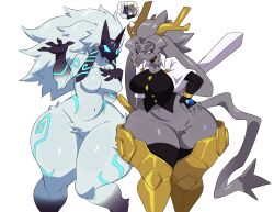 1girl absurdres animal_ears antlers big_hair blue_eyes blush body_markings breasts capelet choker coat coattails crossover curvy cyberlord1109 eyelashes fingerless_gloves frown furry gloves glowing glowing_eyes goat_ears goat_tail grey_hair hand_on_own_chest hand_on_own_hip highres holding holding_weapon horns jewelry kindred_(league_of_legends) kiss large_breasts league_of_legends leg_armor long_ears long_hair looking_at_another mask meme navel no_nipples nude pseudoregalia rabbit_ears raised_eyebrow short_hair speech_bubble standing sybil_(pseudoregalia) thick_eyebrows thick_thighs thighhighs thighs thought_bubble weapon white_background white_hair wide_hips yuri