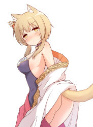1girl animal_ears armpits ass bare_shoulders breasts brown_eyes brown_hair cat_ears cat_tail hair_ornament highres iris_mysteria! large_breasts laura_kelyrie looking_at_viewer looking_back raised_inner_eyebrows tail undressing yuu_(yumezakura)