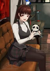 bear black_vest blunt_bangs blurry blurry_background braid brown_hair brown_pantyhose checkered_clothes checkered_skirt commentary couch crown_braid desk_lamp doll eightyfourart highres holding holding_stuffed_toy indoors jack_frost_(megami_tensei) lamp long_sleeves looking_at_viewer niijima_makoto on_couch open_mouth pantyhose persona persona_5 pleated_skirt polar_bear poster_(object) red_eyes school_uniform short_hair shuujin_academy_school_uniform sitting skirt stuffed_animal stuffed_toy sweater three_quarter_view turtleneck turtleneck_sweater vest watermark white_sweater wooden_floor