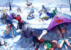 &gt;_&lt; 1boy 6+girls ^^^ all_fours animal_ears animal_print asymmetrical_wings bag black_dress black_hair black_legwear blonde_hair blue_dress blue_eyes blue_hair blush bone capelet cheese dress closed_eyes flying food futatsuiwa_mamizou glasses gradient_hair green_dress green_eyes green_hair grey_dress grey_hair hair_ornament hair_rings hat hat_ribbon hijiri_byakuren hood houjuu_nue in_the_face jiangshi juliet_sleeves kaku_seiga karakasa_obake kasodani_kyouko kumoi_ichirin layered_dress leaf leaf_on_head long_sleeves lying mittens miyako_yoshika mononobe_no_futo mouse_ears mouse_tail multicolored_hair multiple_girls murasa_minamitsu nazrin on_back open_clothes open_mouth open_vest outstretched_arms pince-nez ponytail portrait puffy_sleeves purple_hair ribbon sailor_hat sash school_uniform serafuku shawl shirt skirt sleeveless sleeveless_shirt smile snow snowball snowball_fight snowman soga_no_tojiko squatting star_(symbol) surprised tail tatara_kogasa ten_desires tiger_print tongue tongue_out toramaru_shou touhou toyosatomimi_no_miko tree u_u_zan umbrella undefined_fantastic_object unzan vest white_dress wide_sleeves wings zombie_pose