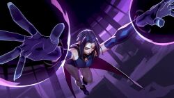 1girl arms_up boots cape commentary dc_comics elbow_gloves eyeshadow forehead_jewel full_body gloves jeremy_anninos leotard makeup medium_hair purple_theme raven_(dc) sidelocks sleeveless solo superhero_costume teen_titans