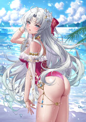 1girl absurdres ahoge ass beach blue_eyes blue_sky blush bracelet breasts carlotta_(splashing_summer)_(wuthering_waves) carlotta_(wuthering_waves) cloud day floating_hair flower gold_bracelet grey_hair hair_flower hair_ornament highres jewelry kirin3145 long_hair looking_at_viewer medium_breasts ocean one-piece_swimsuit open_mouth outdoors red_one-piece_swimsuit sky solo swimsuit thighlet very_long_hair water wet wuthering_waves