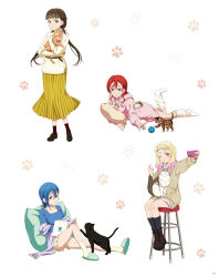 4girls animal artbook blonde_hair blue_eyes blue_hair blue_sweater boots brown_hair cat cellphone full_body green_eyes hair_between_eyes hair_ornament hairclip highres holding holding_animal hood hoodie hugging_object long_hair long_skirt love_live! love_live!_superstar!! lying multicolored_hair multiple_girls non-web_source official_art one_eye_closed onitsuka_natsumi orange_eyes phone pillow pillow_hug pink_eyes pink_hoodie red_hair sakurakoji_kinako selfie short_hair sitting skirt slippers smartphone smile socks standing sweater twintails wakana_shiki yellow_skirt yoneme_mei