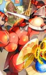 1girl absurdres blonde_hair book bookshelf buzzwole canvas_(object) commentary_request eyelashes facepaint flexing flower gen_7_pokemon half-closed_eyes hand_on_own_chin highres holding holding_paintbrush indoors long_hair mina_(pokemon) multicolored_hair nintendo open_mouth orange_mikan paintbrush pants pokemon pokemon_(creature) pokemon_sm ribombee shirt sitting stool stroking_own_chin sunflower tile_floor tiles two-tone_hair ultra_beast vase