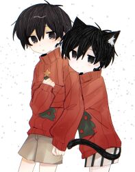 2boys :&lt; :o animal_ear_fluff animal_ears antenna_hair arm_at_side black_hair black_shorts black_tail brown_shorts cat_boy cat_ears cat_tail chinese_commentary christmas_sweater chromatic_aberration closed_mouth commentary_request cowboy_shot double-parted_bangs dual_persona empty_eyes hair_between_eyes hatching_(texture) highres hug hug_from_behind kemonomimi_mode long_sleeves looking_at_viewer male_focus mo42144 multiple_boys no_pupils omori omori_(omori) pale_skin parted_lips puffy_long_sleeves puffy_sleeves red_sweater ribbed_sweater short_hair shorts simple_background sleeves_past_wrists standing striped_clothes striped_shorts sunny_(omori) sweater tail turtleneck turtleneck_sweater two-tone_shorts vertical-striped_clothes vertical-striped_shorts white_background white_shorts