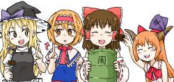 4girls alice_margatroid arrow_(symbol) blonde_hair bow braid brown_eyes brown_hair bseibutsu capelet closed_eyes commentary_request cookie_(touhou) detached_sleeves drum_(container) fork frilled_bow frills hair_bow hair_tubes hairband hakurei_reimu hat hat_bow hinase_(cookie) horn_ornament horn_ribbon horns ibuki_suika index_finger_raised japanese_clothes kirisame_marisa long_hair miko multiple_girls open_mouth orange_hair puffy_short_sleeves puffy_sleeves reu_(cookie) ribbon ribbon-trimmed_sleeves ribbon_trim short_sleeves simple_background single_braid smile touhou translation_request uzuki_(cookie) white_background witch_hat yamin_(cookie) yellow_eyes