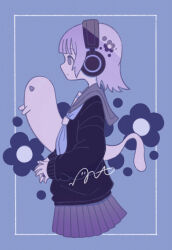 1girl black_sweater blue_neckerchief cowboy_shot flower from_side ghost grey_sailor_collar headphones highres inset_border medium_hair miniskirt neckerchief omochi_noa original pleated_skirt profile purple_hair sailor_collar school_uniform serafuku signature skirt solo sweater