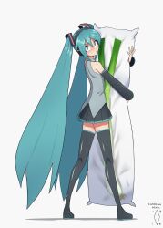 1girl :&lt; aqua_eyes aqua_hair artist_logo artist_name black_boots black_skirt black_sleeves blush boots collared_shirt commentary dakimakura_(object) dated detached_sleeves digiral english_commentary from_behind full_body grey_shirt hair_ornament hatsune_miku headphones highres hugging_object logo long_hair long_sleeves looking_at_viewer looking_back miniskirt pillow pillow_hug pleated_skirt shirt simple_background skirt sleeveless sleeveless_shirt solo spring_onion thigh_boots thighhighs twintails v-shaped_eyebrows very_long_hair vocaloid white_background zettai_ryouiki