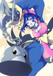 Rule 34 | 1girl, absurdres, blue pants, blue skin, breasts, cleavage, cleavage cutout, clothing cutout, colored skin, darkstalkers, highres, hsien-ko, ichizen (o tori), jiangshi, looking at viewer, ofuda, ofuda on head, pants, purple eyes, purple hair, short hair, smile, solo
