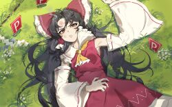 Rule 34 | 1girl, absurdres, anger vein, angry, arm up, ascot, black hair, bow, bruise, bruise on face, collar, flower, frilled ascot, frilled bow, frilled collar, frills, gohei, grass, hair tubes, hakurei reimu, hand on own stomach, highres, injury, lying, on back, outdoors, power item (touhou), red bow, red skirt, ribbon trim, shimiya jin, skirt, skirt set, sneer, solo, touhou, wide sleeves, yellow ascot