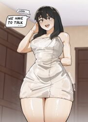 1girl absurdres alohapz arm_behind_back arm_up black_hair blush breasts curvy english_text highres indoors naked_towel open_mouth patreon_username red_eyes solo speech_bubble spy_x_family standing teeth thick_thighs thighs towel upper_teeth_only wet wet_towel yor_briar