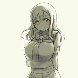 1girl arms_behind_back backlighting blush breasts commentary greyscale highres kunikida_hanamaru large_breasts long_hair love_live! love_live!_sunshine!! monochrome pas_(paxiti) pleated_skirt school_uniform serafuku skirt smile solo summer_uniform uranohoshi_school_uniform