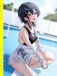 :d artist_name asanagi_umi black_hair blue_sky breasts chigusa_minori class_de_2-banme_ni_kawaii_onnanoko_to_tomodachi_ni_natta cleavage dutch_angle hugging_own_leg light_blush medium_hair off_shoulder one-piece_swimsuit open_mouth pool purple_eyes second-party_source shirt sitting sky smile swimsuit tree wet wet_clothes wet_shirt